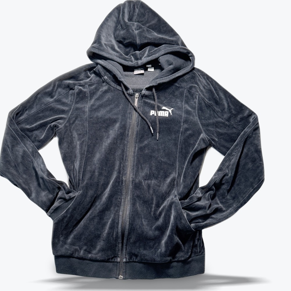 Puma Full Zip Hoodie Velour Track Jacket Y2K Charcoal Gray Athleisure Size M